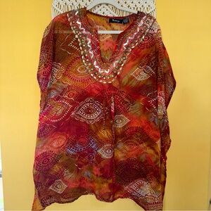 Raviya Size Large Bohemian Evil Eye‎ Embellished Vacation Beach Sheer Cover Up